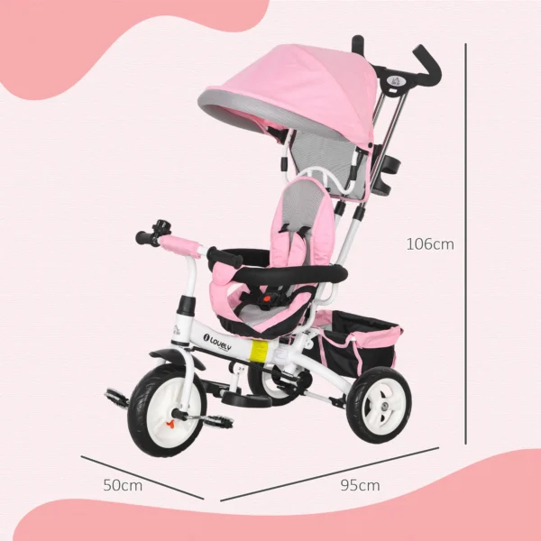 6 in 1 driewieler met duwstang, kinderdriewieler met afneembaar zonnedak, loopfiets met 5 punts veiligheidsgordel, mand, bekerhouder, voor 1 5 jaar kinderen, roze 4