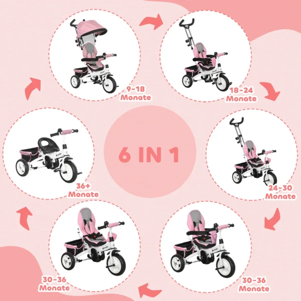 6 in 1 driewieler met duwstang, kinderdriewieler met afneembaar zonnedak, loopfiets met 5 punts veiligheidsgordel, mand, bekerhouder, voor 1 5 jaar kinderen, roze 5