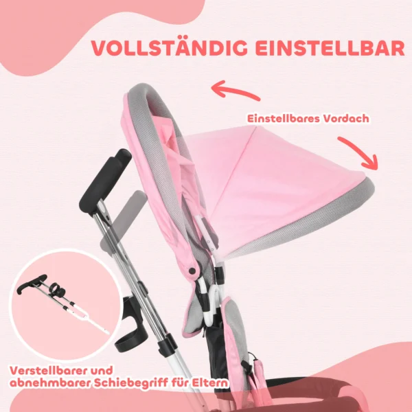 6 in 1 driewieler met duwstang, kinderdriewieler met afneembaar zonnedak, loopfiets met 5 punts veiligheidsgordel, mand, bekerhouder, voor 1 5 jaar kinderen, roze 6