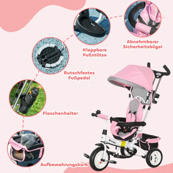 6 in 1 driewieler met duwstang, kinderdriewieler met afneembaar zonnedak, loopfiets met 5 punts veiligheidsgordel, mand, bekerhouder, voor 1 5 jaar kinderen, roze 7