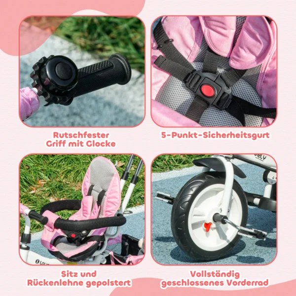 6 in 1 driewieler met duwstang, kinderdriewieler met afneembaar zonnedak, loopfiets met 5 punts veiligheidsgordel, mand, bekerhouder, voor 1 5 jaar kinderen, roze 8