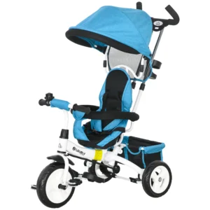 6 in 1 driewieler met duwstang, kinderdriewieler met afneembaar zonnedak, loopfiets met 5 punts veiligheidsgordel, mand, drankhouder, voor 1 5 jaar kinderen, blauw 1