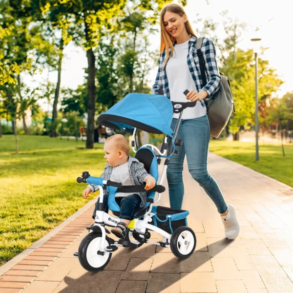 6 in 1 driewieler met duwstang, kinderdriewieler met afneembaar zonnedak, loopfiets met 5 punts veiligheidsgordel, mand, drankhouder, voor 1 5 jaar kinderen, blauw 2