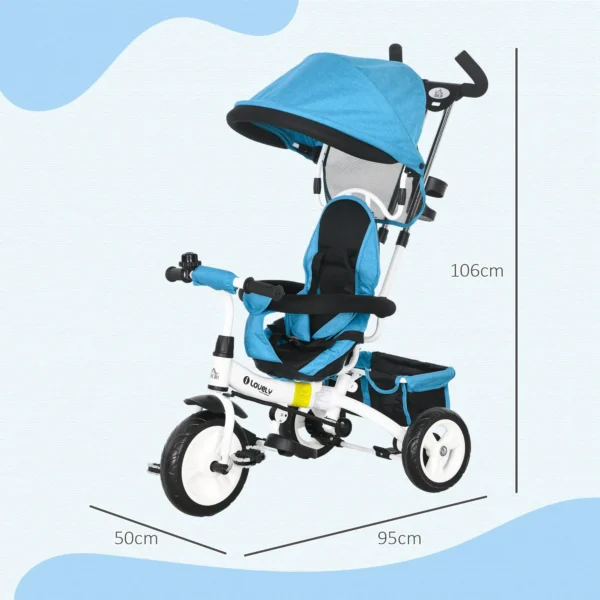 6 in 1 driewieler met duwstang, kinderdriewieler met afneembaar zonnedak, loopfiets met 5 punts veiligheidsgordel, mand, drankhouder, voor 1 5 jaar kinderen, blauw 4