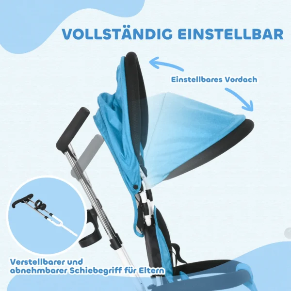 6 in 1 driewieler met duwstang, kinderdriewieler met afneembaar zonnedak, loopfiets met 5 punts veiligheidsgordel, mand, drankhouder, voor 1 5 jaar kinderen, blauw 6