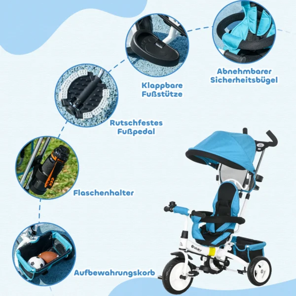 6 in 1 driewieler met duwstang, kinderdriewieler met afneembaar zonnedak, loopfiets met 5 punts veiligheidsgordel, mand, drankhouder, voor 1 5 jaar kinderen, blauw 7