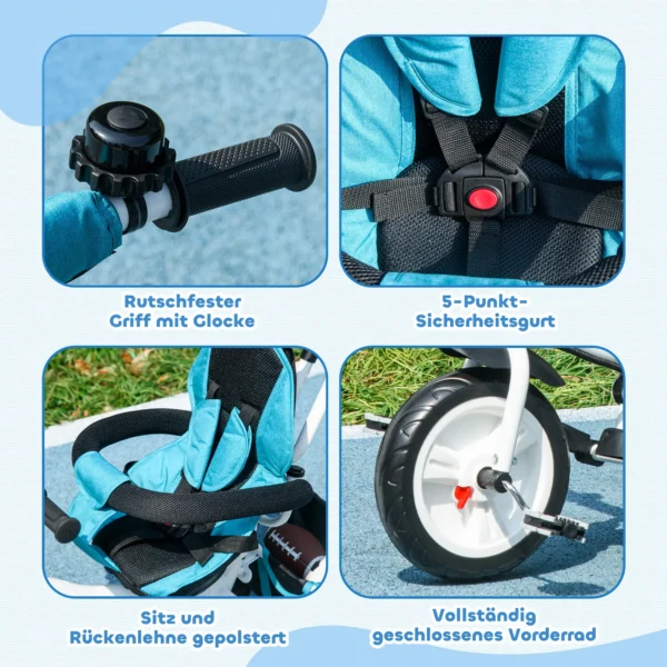 6 in 1 driewieler met duwstang, kinderdriewieler met afneembaar zonnedak, loopfiets met 5 punts veiligheidsgordel, mand, drankhouder, voor 1 5 jaar kinderen, blauw 8