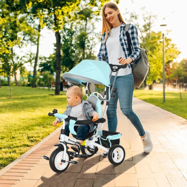 6 in 1 driewieler met duwstang, kinderdriewieler met afneembaar zonnedak, loopfiets met 5 punts veiligheidsgordel, mand, drankhouder, voor 1 5 jaar kinderen, groen 2