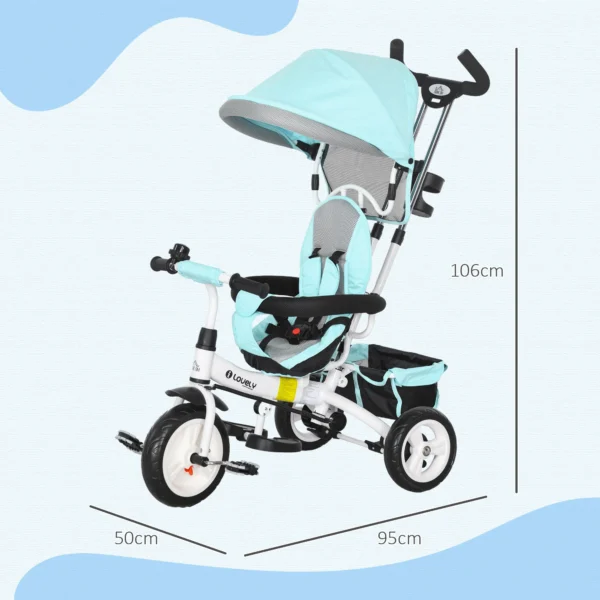6 in 1 driewieler met duwstang, kinderdriewieler met afneembaar zonnedak, loopfiets met 5 punts veiligheidsgordel, mand, drankhouder, voor 1 5 jaar kinderen, groen 4