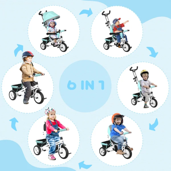6 in 1 driewieler met duwstang, kinderdriewieler met afneembaar zonnedak, loopfiets met 5 punts veiligheidsgordel, mand, drankhouder, voor 1 5 jaar kinderen, groen 5