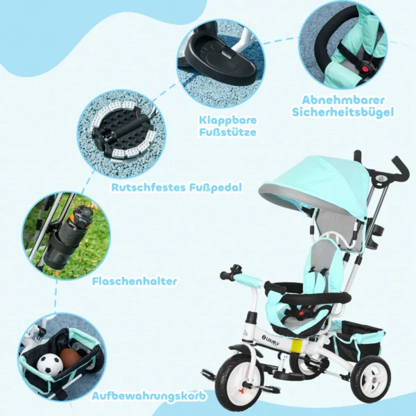 6 in 1 driewieler met duwstang, kinderdriewieler met afneembaar zonnedak, loopfiets met 5 punts veiligheidsgordel, mand, drankhouder, voor 1 5 jaar kinderen, groen 7