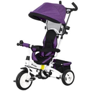 6 in 1 driewieler met duwstang, kinderdriewieler met afneembaar zonnedak, loopfiets met 5 punts veiligheidsgordel, mand, drankhouder, voor 1 5 jaar kinderen, paars 1