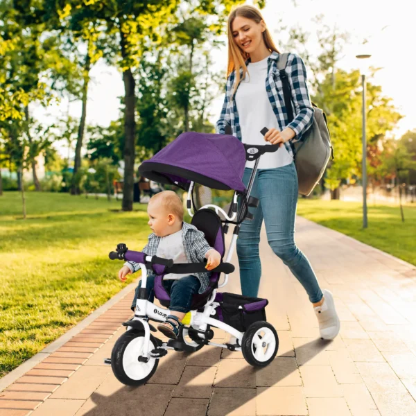 6 in 1 driewieler met duwstang, kinderdriewieler met afneembaar zonnedak, loopfiets met 5 punts veiligheidsgordel, mand, drankhouder, voor 1 5 jaar kinderen, paars 2