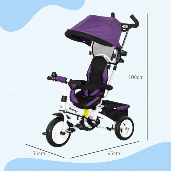 6 in 1 driewieler met duwstang, kinderdriewieler met afneembaar zonnedak, loopfiets met 5 punts veiligheidsgordel, mand, drankhouder, voor 1 5 jaar kinderen, paars 4
