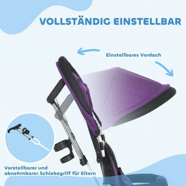 6 in 1 driewieler met duwstang, kinderdriewieler met afneembaar zonnedak, loopfiets met 5 punts veiligheidsgordel, mand, drankhouder, voor 1 5 jaar kinderen, paars 6
