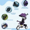 6 in 1 driewieler met duwstang, kinderdriewieler met afneembaar zonnedak, loopfiets met 5 punts veiligheidsgordel, mand, drankhouder, voor 1 5 jaar kinderen, paars 7