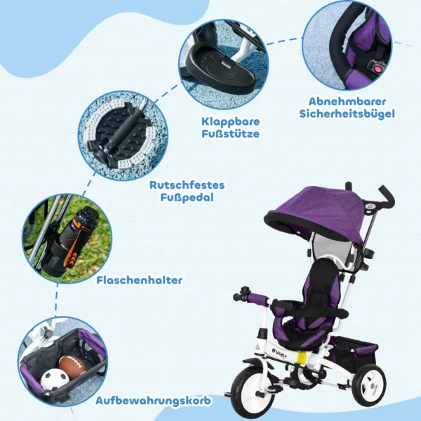 6 in 1 driewieler met duwstang, kinderdriewieler met afneembaar zonnedak, loopfiets met 5 punts veiligheidsgordel, mand, drankhouder, voor 1 5 jaar kinderen, paars 7