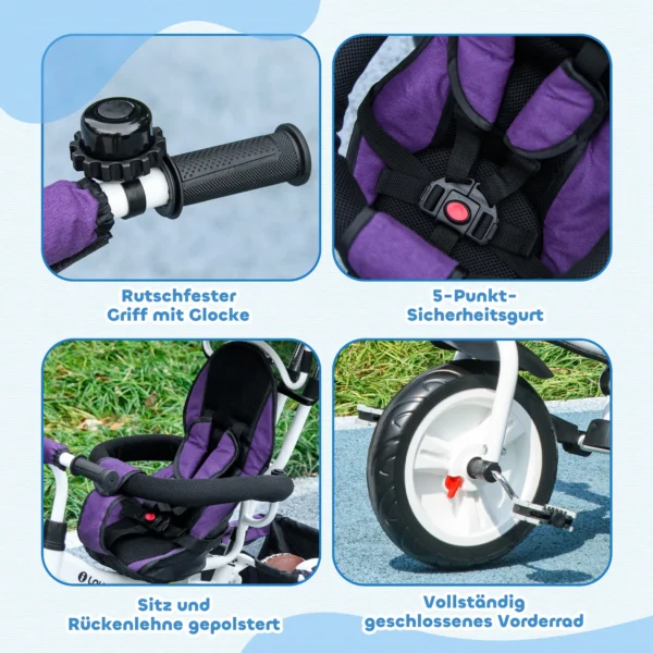 6 in 1 driewieler met duwstang, kinderdriewieler met afneembaar zonnedak, loopfiets met 5 punts veiligheidsgordel, mand, drankhouder, voor 1 5 jaar kinderen, paars 8