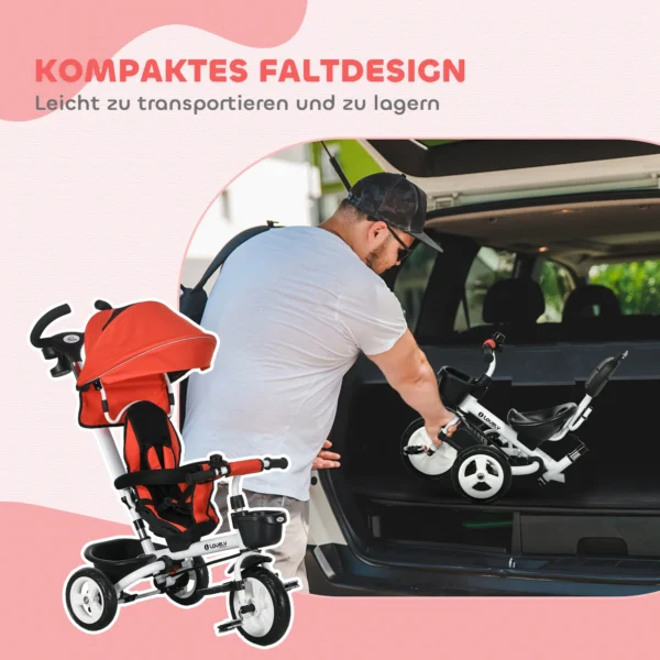 6 in 1 driewieler met duwstang, kinderdriewieler met veiligheidsgordel, opvouwbaar, afneembaar zonnedak, drankhouder, mand, pedaal, tot 25 kg, voor 1 5 jaar kinderen, rood 6