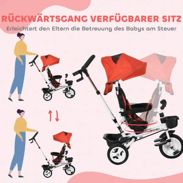 6 in 1 driewieler met duwstang, kinderdriewieler met veiligheidsgordel, opvouwbaar, afneembaar zonnedak, drankhouder, mand, pedaal, tot 25 kg, voor 1 5 jaar kinderen, rood 7