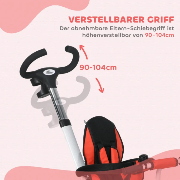 6 in 1 driewieler met duwstang, kinderdriewieler met veiligheidsgordel, opvouwbaar, afneembaar zonnedak, drankhouder, mand, pedaal, tot 25 kg, voor 1 5 jaar kinderen, rood 8