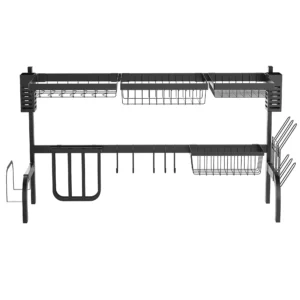 Afdruiprek servies, 2 laags afdruipstandaard met haken, bordrek, accessoires, 100 cm afdruiprooster rek voor keukenspoelbak, staal, zwart 1