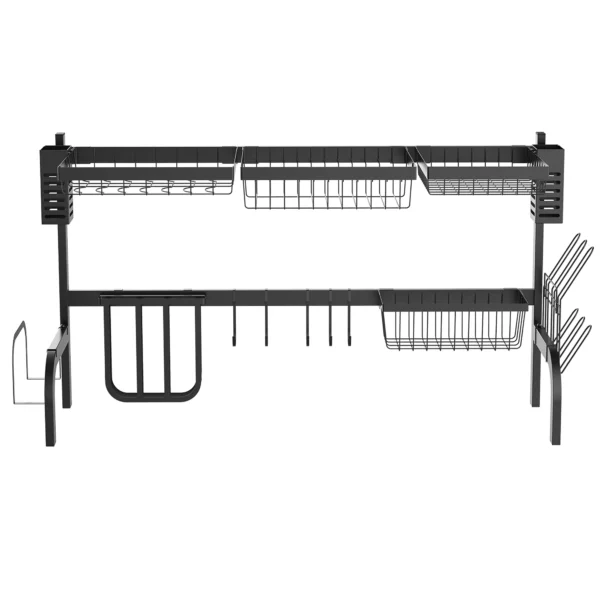 Afdruiprek servies, 2 laags afdruipstandaard met haken, bordrek, accessoires, 100 cm afdruiprooster rek voor keukenspoelbak, staal, zwart 1