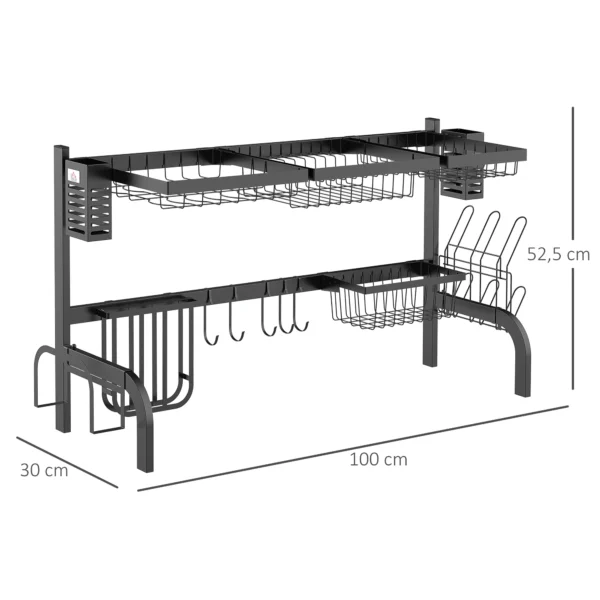 Afdruiprek servies, 2 laags afdruipstandaard met haken, bordrek, accessoires, 100 cm afdruiprooster rek voor keukenspoelbak, staal, zwart 4