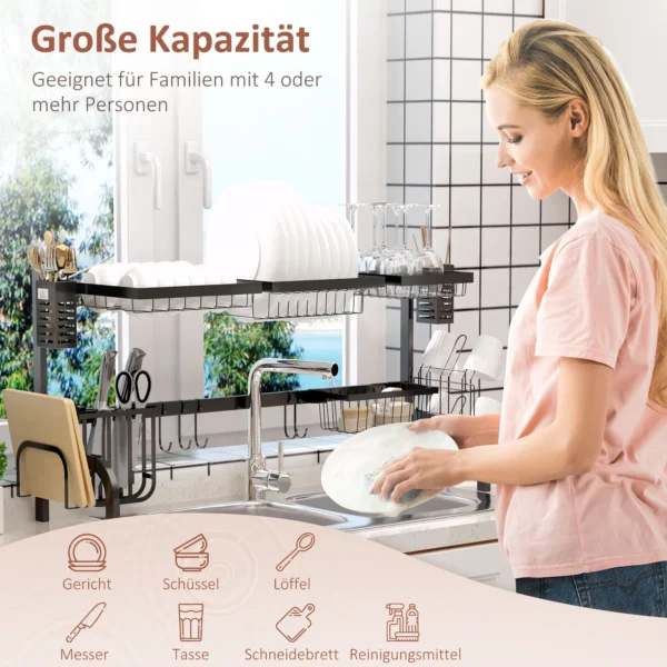 Afdruiprek servies, 2 laags afdruipstandaard met haken, bordrek, accessoires, 100 cm afdruiprooster rek voor keukenspoelbak, staal, zwart 5