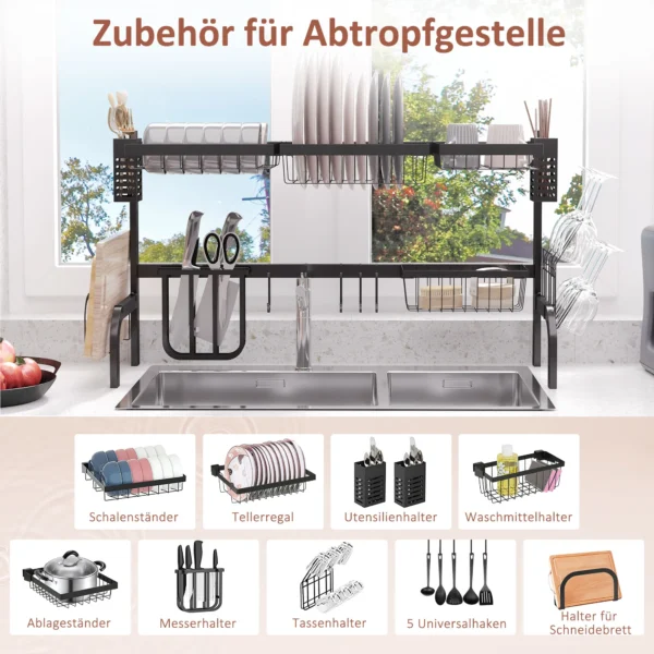 Afdruiprek servies, 2 laags afdruipstandaard met haken, bordrek, accessoires, 100 cm afdruiprooster rek voor keukenspoelbak, staal, zwart 6