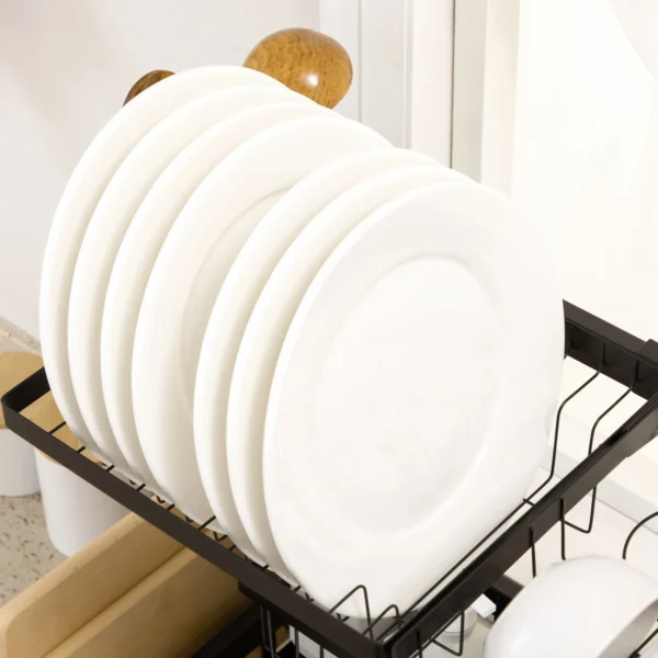 Afdruiprek servies, 2 laags afdruipstandaard met haken, bordrek, accessoires, 100 cm afdruiprooster rek voor keukenspoelbak, staal, zwart 9
