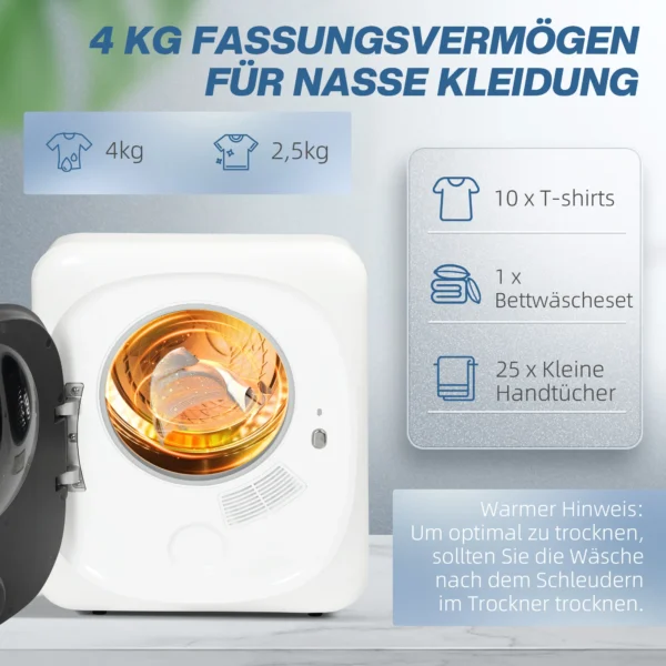 Afvoerdroger 4 kg wasdroger met desinfectie, ontgeuring, slimme modus, droger met roestvrijstalen bak, voorlader, voor appartement, huis, campers, wit 6