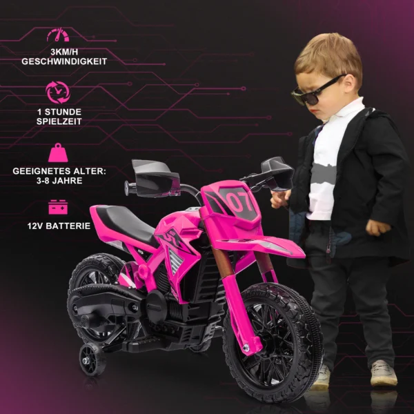 Aiyaplay 12v elektrische kinder motorfiets, kinderfiets met trainingswielen, tot 3 km/u, elektrische motorfiets met claxon en startgeluid, kinderrijtuig voor 3 8 jaar oude kinderen, max. 30 kg, roze 5