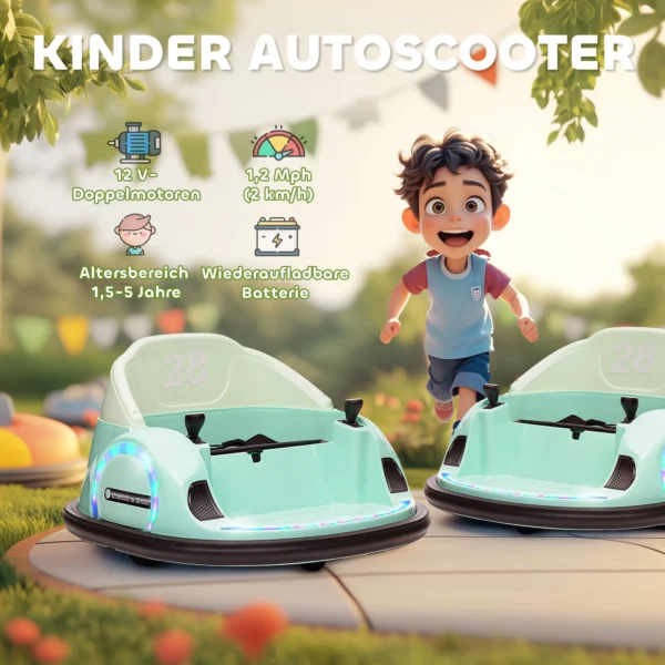 Aiyaplay 12v kinder autoscooter met 2,4 g afstandsbediening, elektrische bumper met muziek en lichtjes, 2 km/u, kinder elektrische auto met 360° rotatie, voor 1,5 5 jaar, groen 9