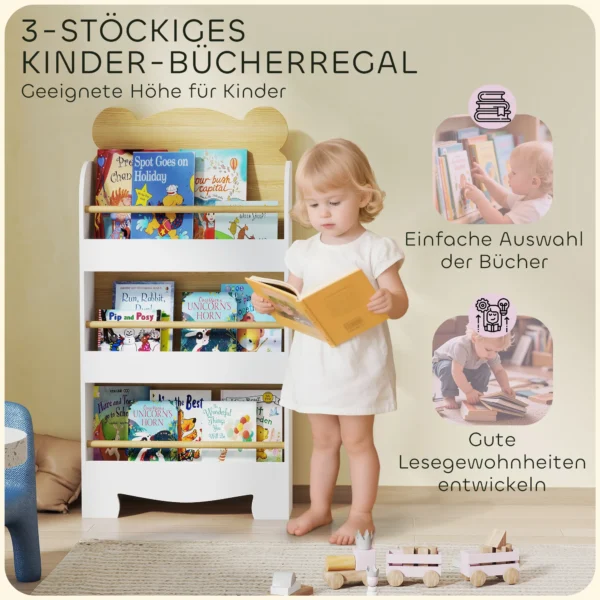 Aiyaplay kinderboekenkast met 3 planken houten opbergrek speelgoedrek voor speelgoed boeken vrijstaand rek kinderkamerrek voor kinderkamer speelkamer 55x15x110cm wit 5
