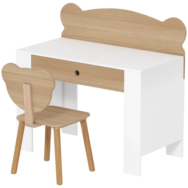 Aiyaplay kinderbureauset met tafelblad & lade kinder bureau en stoel met beer vorm leerling bureau kindertafel jeugdbureau voor jongens & meisjes natuurhout 1