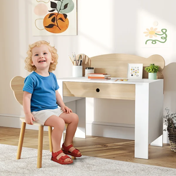 Aiyaplay kinderbureauset met tafelblad & lade kinder bureau en stoel met beer vorm leerling bureau kindertafel jeugdbureau voor jongens & meisjes natuurhout 2