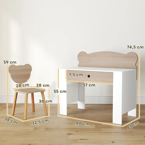 Aiyaplay kinderbureauset met tafelblad & lade kinder bureau en stoel met beer vorm leerling bureau kindertafel jeugdbureau voor jongens & meisjes natuurhout 4
