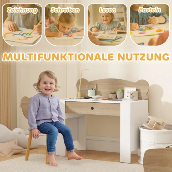 Aiyaplay kinderbureauset met tafelblad & lade kinder bureau en stoel met beer vorm leerling bureau kindertafel jeugdbureau voor jongens & meisjes natuurhout 5