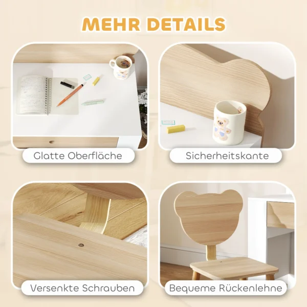Aiyaplay kinderbureauset met tafelblad & lade kinder bureau en stoel met beer vorm leerling bureau kindertafel jeugdbureau voor jongens & meisjes natuurhout 7