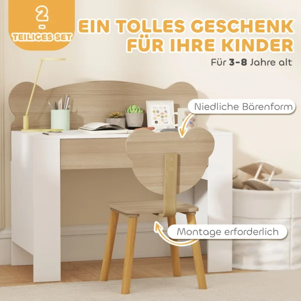 Aiyaplay kinderbureauset met tafelblad & lade kinder bureau en stoel met beer vorm leerling bureau kindertafel jeugdbureau voor jongens & meisjes natuurhout 8