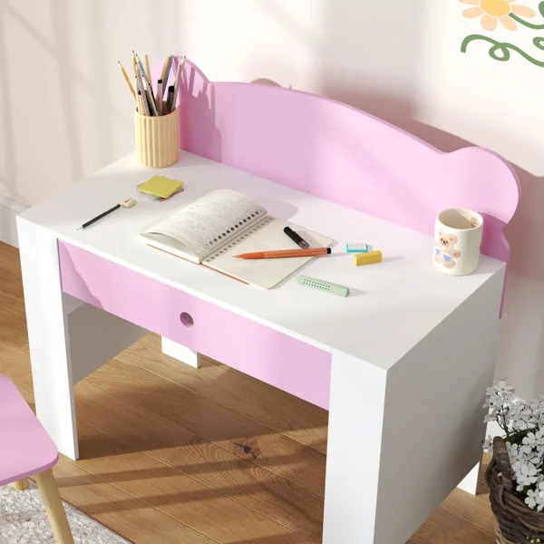 Aiyaplay kinderbureauset met tafelblad & lade kinder bureau en stoel met beer vorm leerling bureau kindertafel jeugdbureau voor jongens & meisjes roze 10