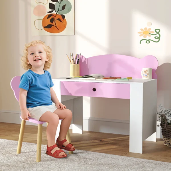Aiyaplay kinderbureauset met tafelblad & lade kinder bureau en stoel met beer vorm leerling bureau kindertafel jeugdbureau voor jongens & meisjes roze 2