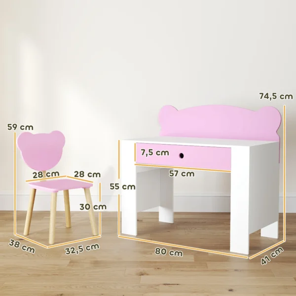 Aiyaplay kinderbureauset met tafelblad & lade kinder bureau en stoel met beer vorm leerling bureau kindertafel jeugdbureau voor jongens & meisjes roze 4