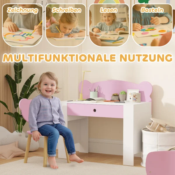 Aiyaplay kinderbureauset met tafelblad & lade kinder bureau en stoel met beer vorm leerling bureau kindertafel jeugdbureau voor jongens & meisjes roze 5