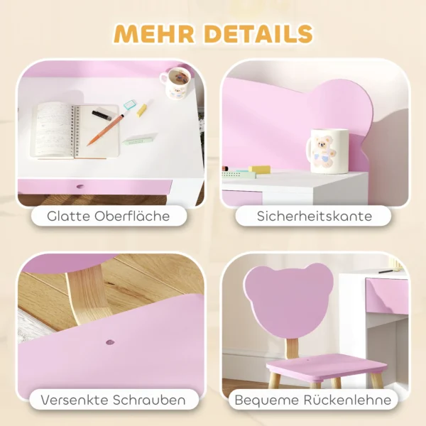 Aiyaplay kinderbureauset met tafelblad & lade kinder bureau en stoel met beer vorm leerling bureau kindertafel jeugdbureau voor jongens & meisjes roze 7