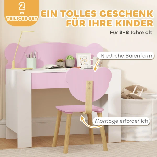 Aiyaplay kinderbureauset met tafelblad & lade kinder bureau en stoel met beer vorm leerling bureau kindertafel jeugdbureau voor jongens & meisjes roze 8