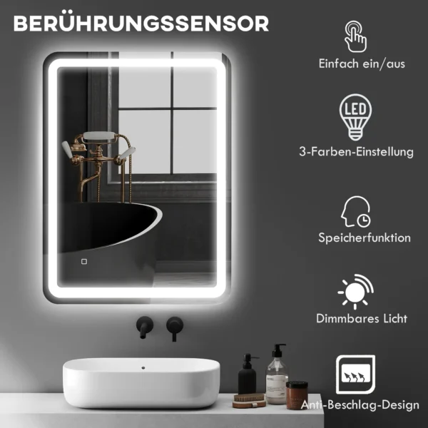 Badkamerspiegel, 60 x 80 cm led spiegel met touch schakelaar, geheugenfunctie, wandspiegel beschlagvrij lichtspiegel met 3 lichtkleuren, zilver 5