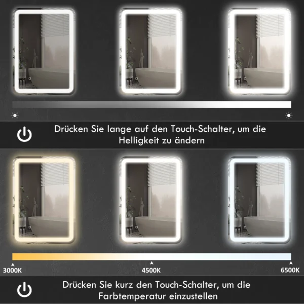 Badkamerspiegel, 60 x 80 cm led spiegel met touch schakelaar, geheugenfunctie, wandspiegel beschlagvrij lichtspiegel met 3 lichtkleuren, zilver 6