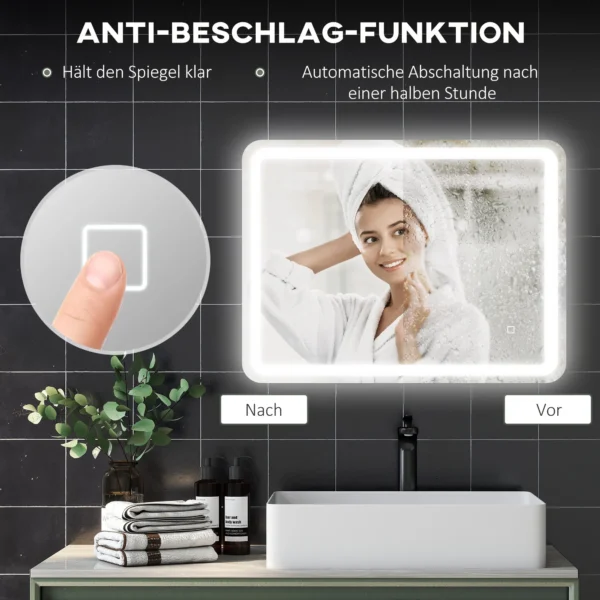 Badkamerspiegel, 60 x 80 cm led spiegel met touch schakelaar, geheugenfunctie, wandspiegel beschlagvrij lichtspiegel met 3 lichtkleuren, zilver 7
